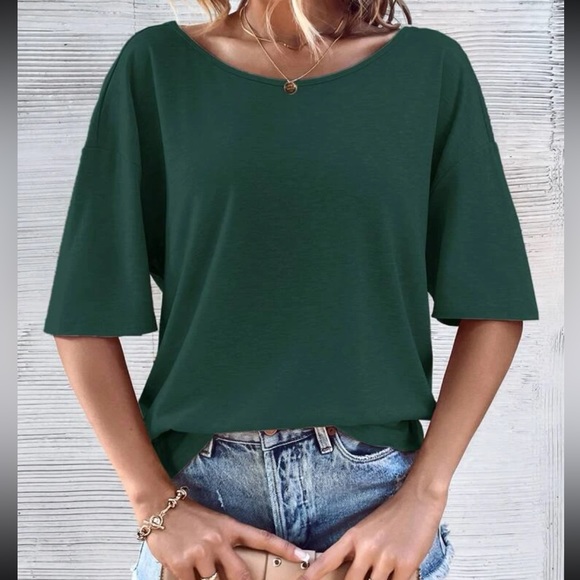 Classic Loose Fit Cut Out Back Batwing Sleeve Tee T Shirt Top Blouse Green - Picture 2 of 9